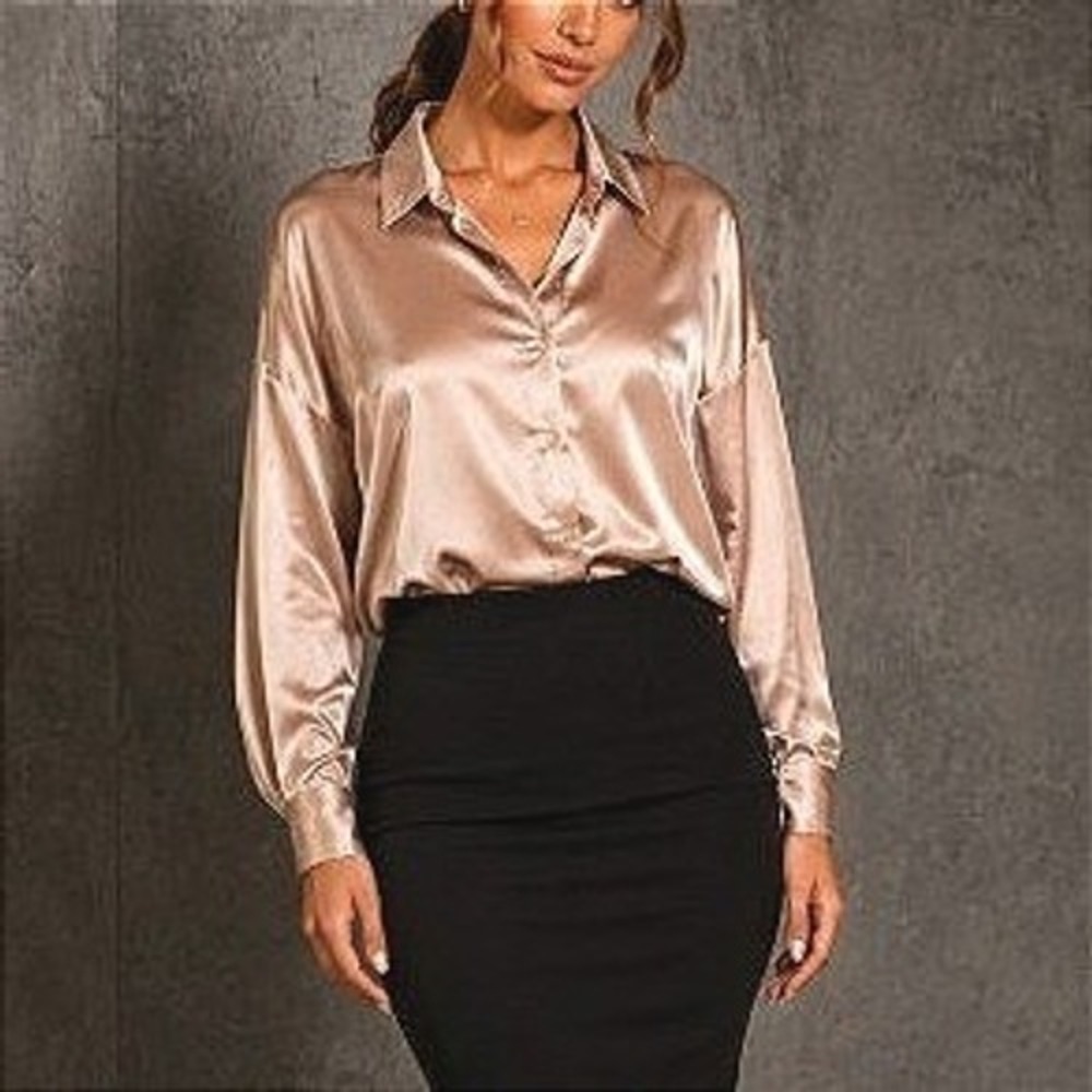 NWT HOTTOUCH Champagne Nude SatinH Sheen Cocktail Loose Tunic Button Blouse XL